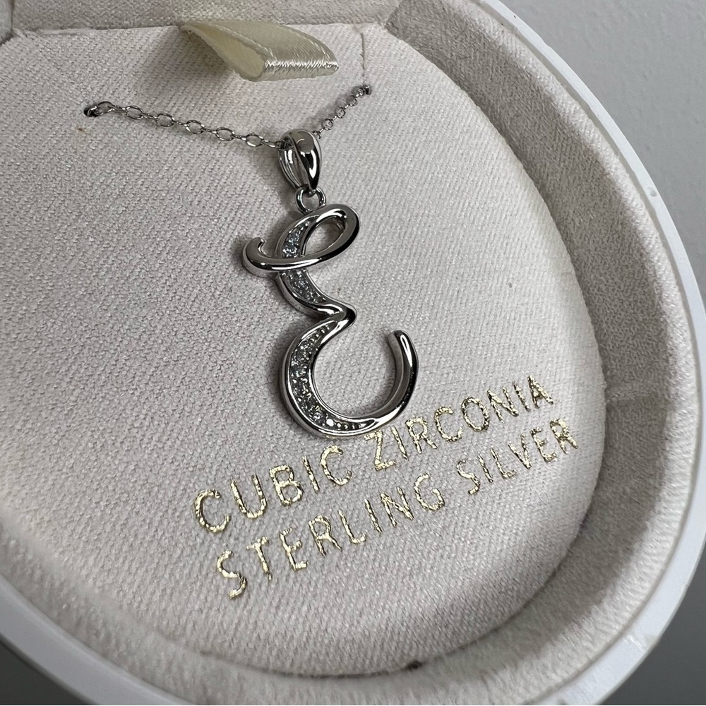 Macy's CZ Sterling Silver Sapphire Initial "E" Necklace in Ornamental Case NWT